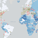 Colored circles indicate the presence of air quality sensors and their readings, but not necessarily global patterns in air pollution. Image: Pollution.org